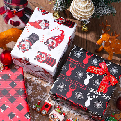 ZINTBIAL Christmas Wrapping Paper for Kids Adults - Xmas Wrapping Paper with Red/Black Plaid, Reindeer, Gnome, “Ho Ho” Words - 28 x 40 Inches, 6 Jumbo Sheets, Easy to Store