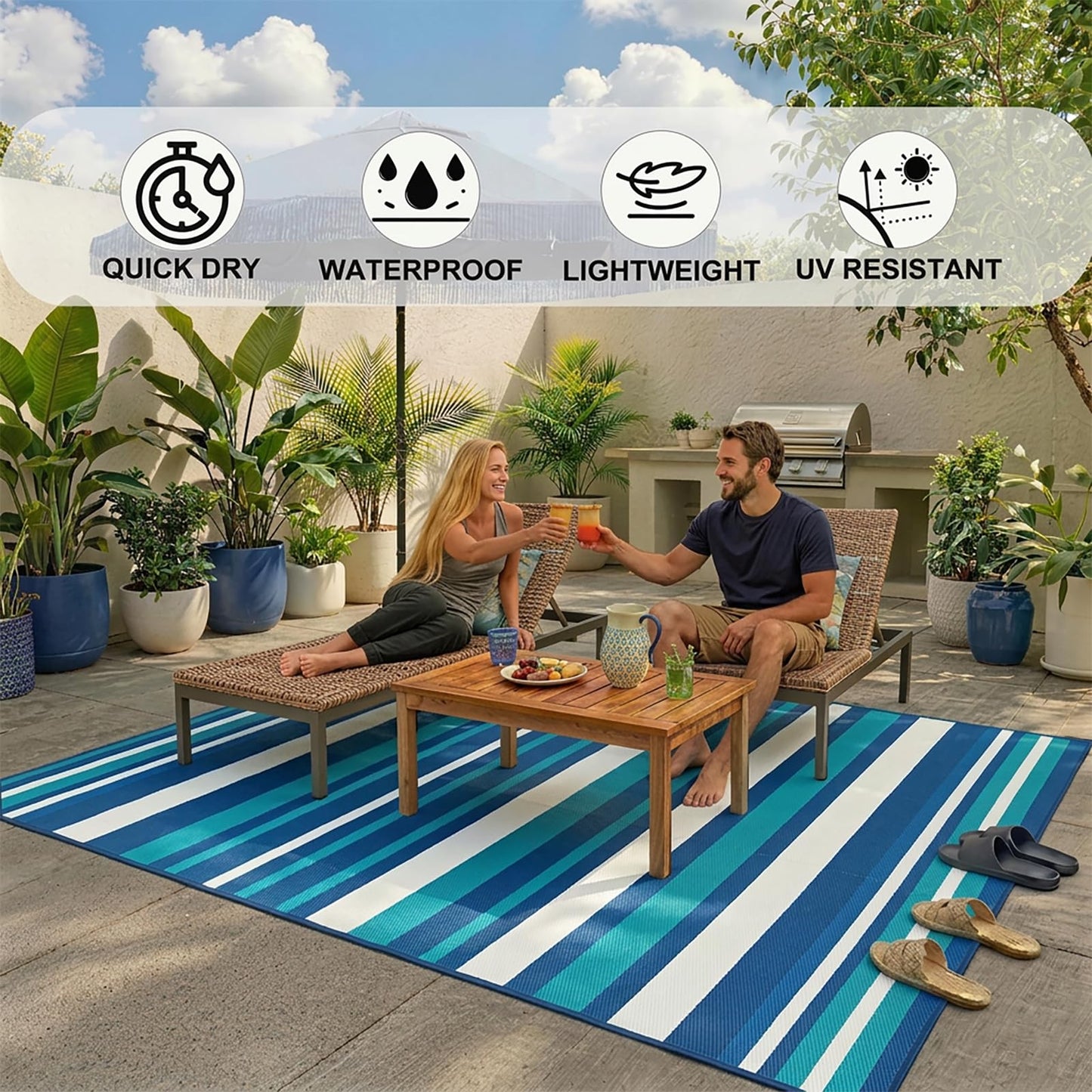 LANVIA Outdoor Rug Camping Essentials - 4x6 FT Outdoor Plastic Straw Rug for Patio Clearance, Waterproof RV Essentials Outside Area Rug for Deck Garden, Backyard Patio Furniture Set, Blue White
