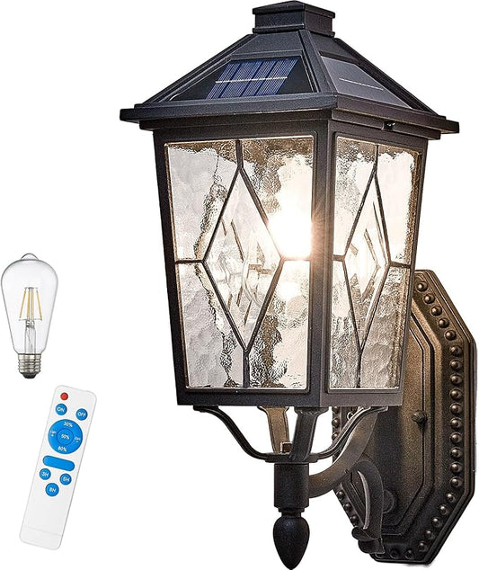 Solar Outdoor Wall Lamp Waterproof Aluminum Outside Solar Wall Lantern with Remote Control Black Outdoor Porch Lights Wall Mount with Water Ripple Handmade Solder Glass LED Bulb Included