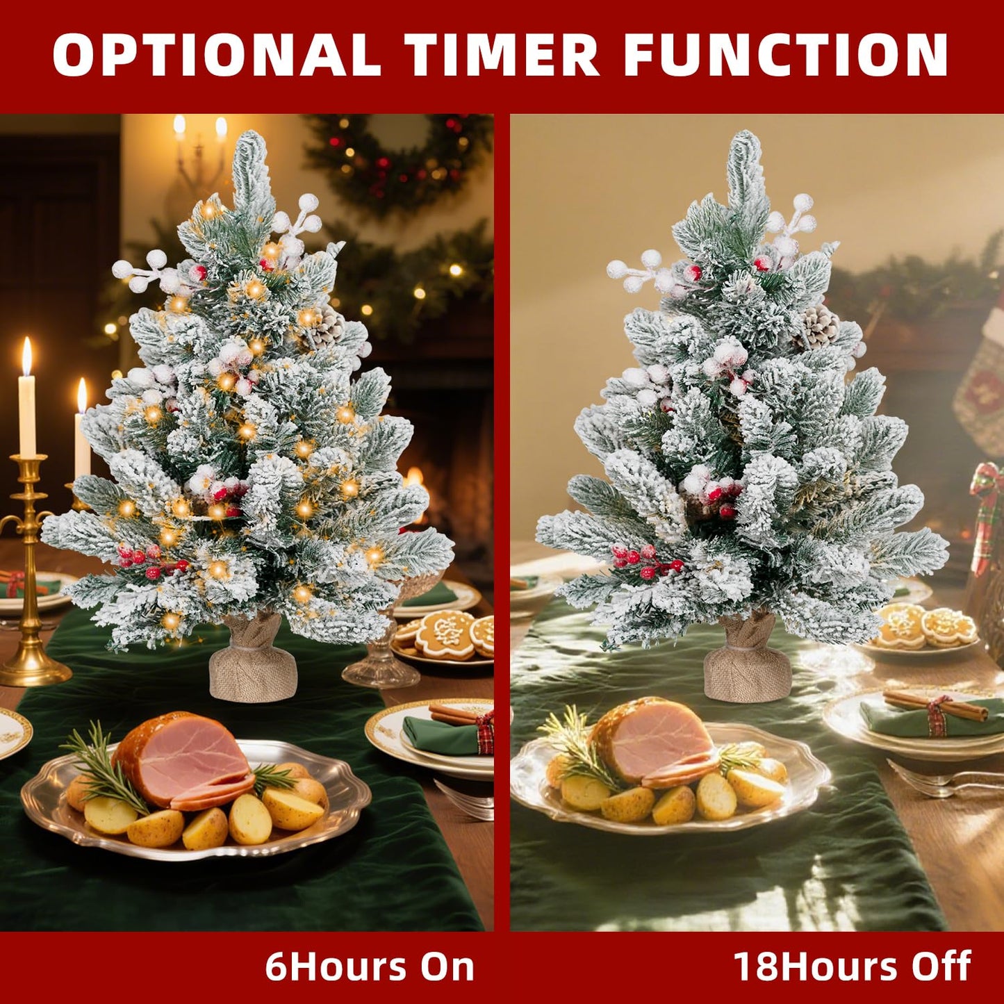 ININ 2FT Pre-lit Mini Christmas Snow Flocked Tree,Tabletop Artificial Christmas Tree with LED Lights, Small Xmas Pine Tree with Cloth Bag Base for Christmas Decor,12 Clusters Berry & 8 Pinecones