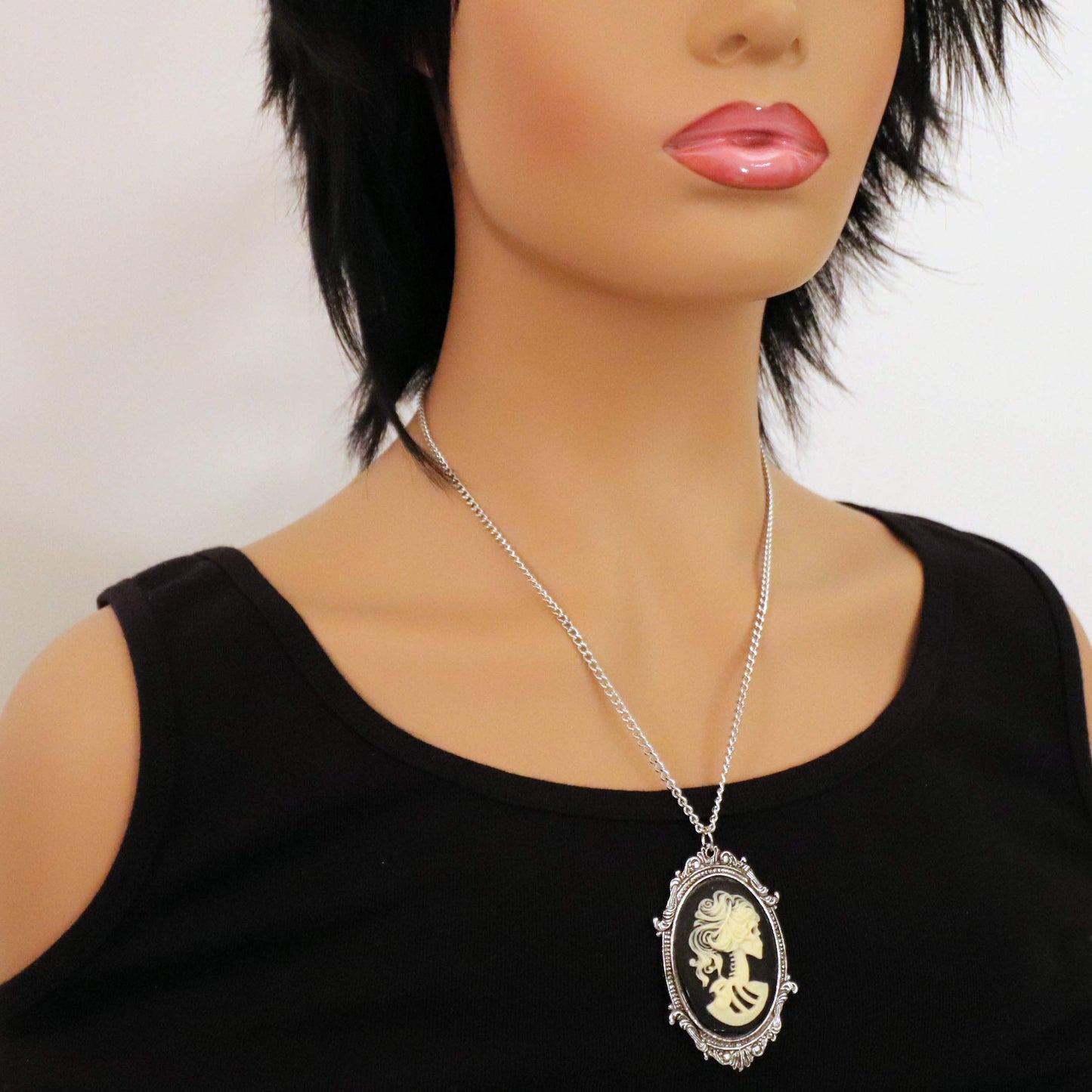 Real Metal Gothic Lolita Skull Cameo in Pewter Frame Pendant Necklace