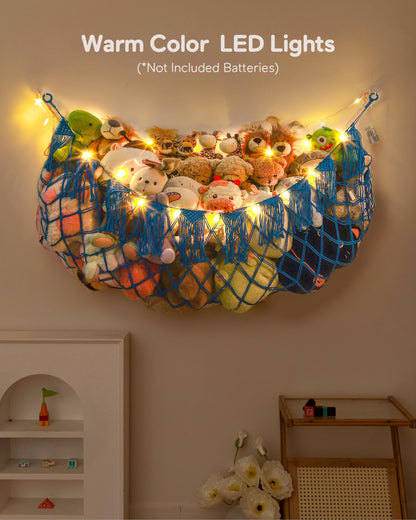 Stuffed Animal Hammock Net with Lights - Big Toy Net Hammock for Organizing Teddy Bear and Stuffy Storage, Xlarge Plushie Net for Kids Bedrooms Playroom Nursery(Blue XL)