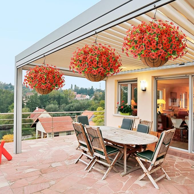 Artificial Faux Hanging Plants Flowers Basket Outdoor Porch Garden Spring Summer Decoration, Fake Silk Daisy in Planter Realistic UV Resistant for Outside Home Patio Balcony Yard(Red)