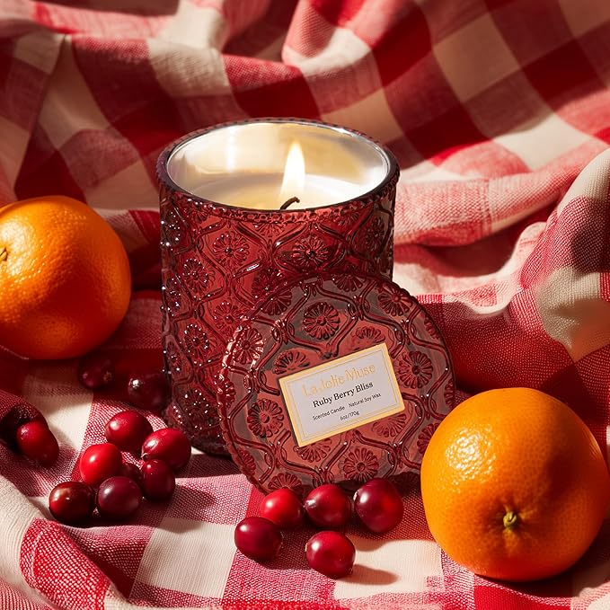 LA JOLIE MUSE Ruby Berry Bliss Christmas Candle | Mandarin, Cranberry & Plum | 6 oz Festive Candle | 40 Hours Clean Burn | Gift for Women & Family