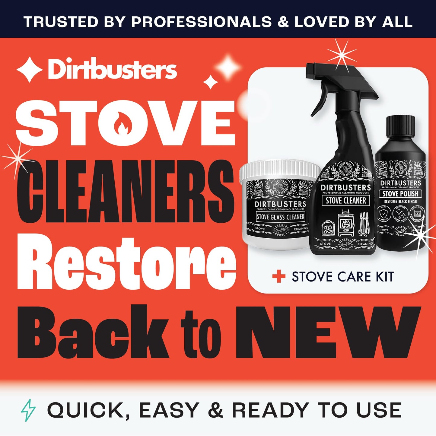 Dirtbusters Stove Cleaning Care Kit, With Exterior Spray, Glass Cleaner Paste & Stove Polish, Clean, Protect & Restore Log Burners & Grates