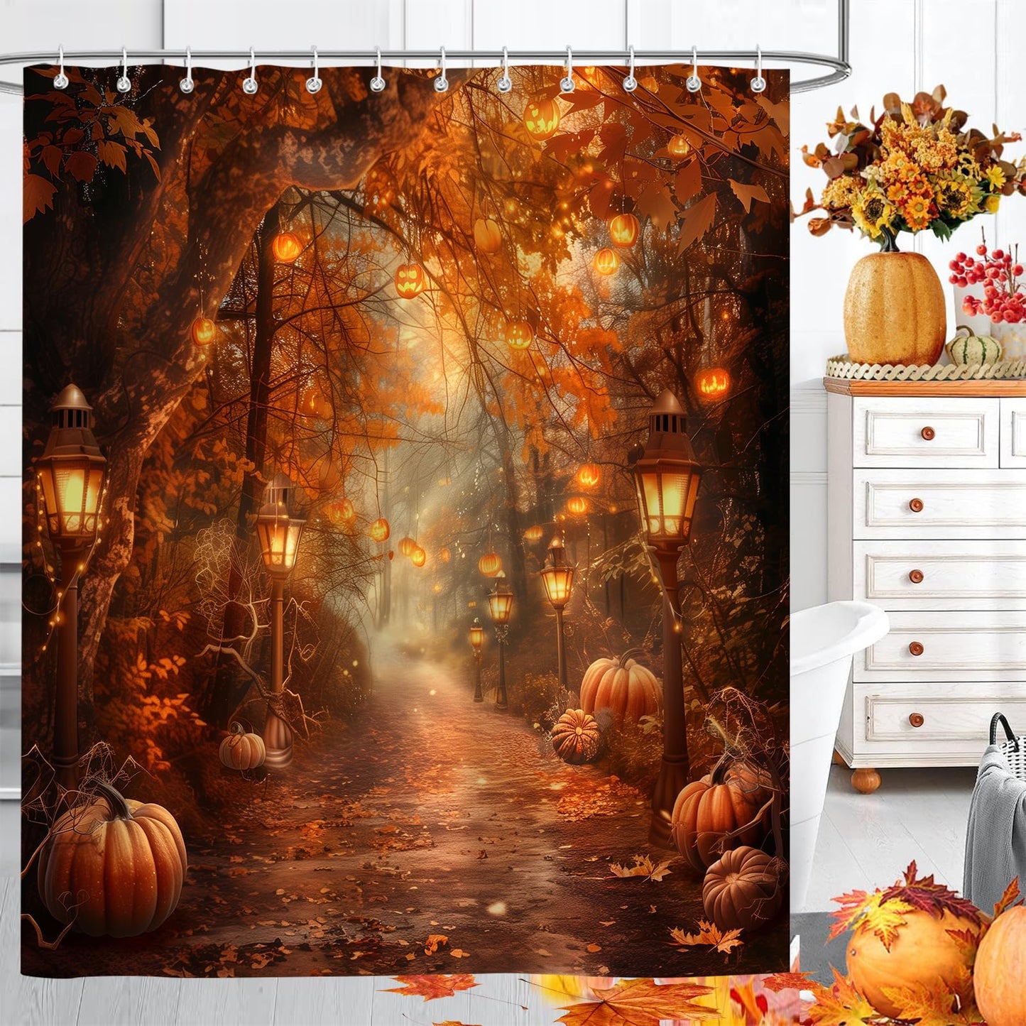 PAOPOED Fall Pumpkins Shower Curtain，Autumn Thanksgiving Harvest Halloween Forest Rural Trail Bathroom Decor，72 x 72 Inch Polyester Fabric Waterproof Bathroom Curtain with 12 Hooks