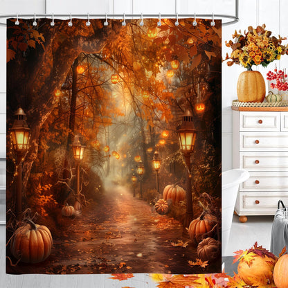 PAOPOED Fall Pumpkins Shower Curtain，Autumn Thanksgiving Harvest Halloween Forest Rural Trail Bathroom Decor，72 x 72 Inch Polyester Fabric Waterproof Bathroom Curtain with 12 Hooks