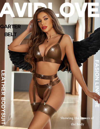 Avidlove Straps Lingerie for Women Leather Babydoll Nightgowns (Medium, Coffee Brown)