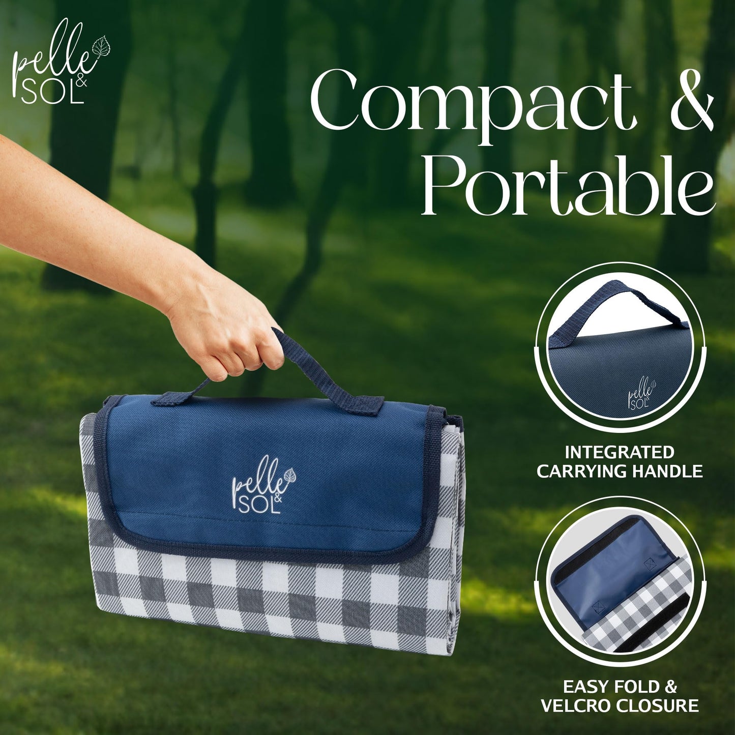 Pelle & Sol Picnic Blanket Waterproof, 200x140CM Foldable Picnic Mat - Outdoor Beach Blanket - Slip Resistant w/Carrying Handle - Sandproof & Washable Beach Mat for Garden, Hiking, Camping
