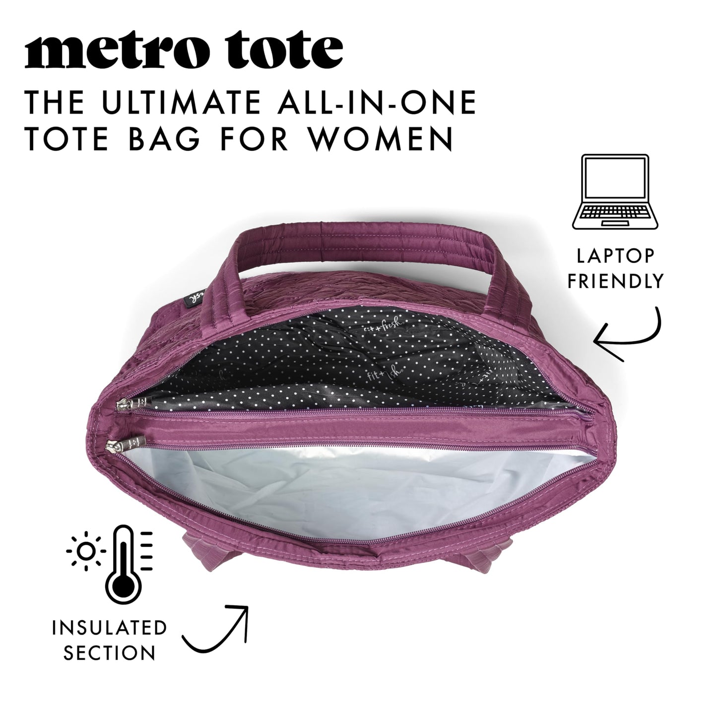 Fit & Fresh Metro 2-in-1 Quilted Tote, Multipurpose Travel and Work Bag with Insulated Cooler Compartment for Women, Laptop-Friendly, Thermal Insulated, Perfect for Office, Nurse, Teacher