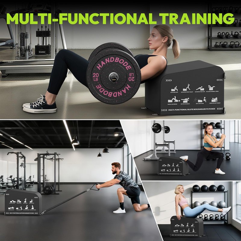 HANDBODE Hip Thrust Bench, Multi-Functional Slip-Free Hip Thrust Machine for Glute Bridge, Box Jump, Push-Ups, Squat, Ab Exercise, Suitable for Home & Gym, Includes 4ft Olympic Bar