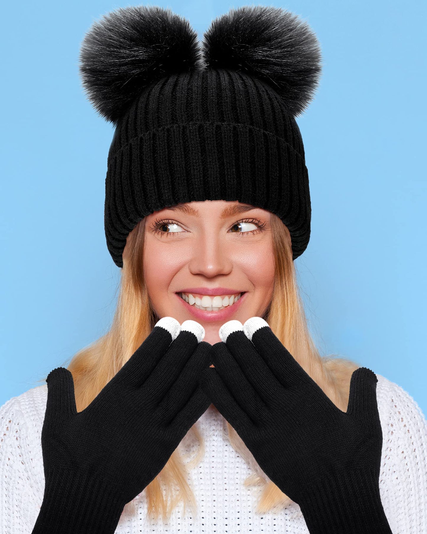SATINIOR 2 Pieces Satin Lined Winter Hats Women Knitted Pompom Beanies Hat Touchscreen Gloves Set for Women(Black)