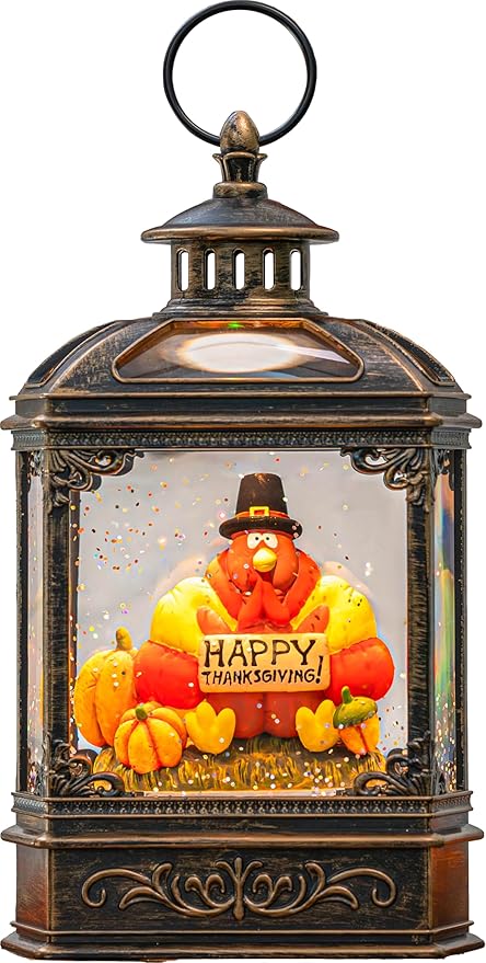 Fall Snow Globe Lantern - Thanksgiving Glittering Lighted Water Lantern, Fall Decorations Autumn Harvest Day Gifts, Table Home Fall Xmas Decor (Turkey & Pumpkins)