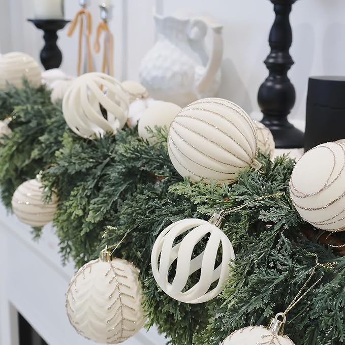 3.15INCH Beige Velvet Ornaments for Christmas Tree, 12PCS Glitter Flocked Christmas Ornaments Decorations Balls Set Decor