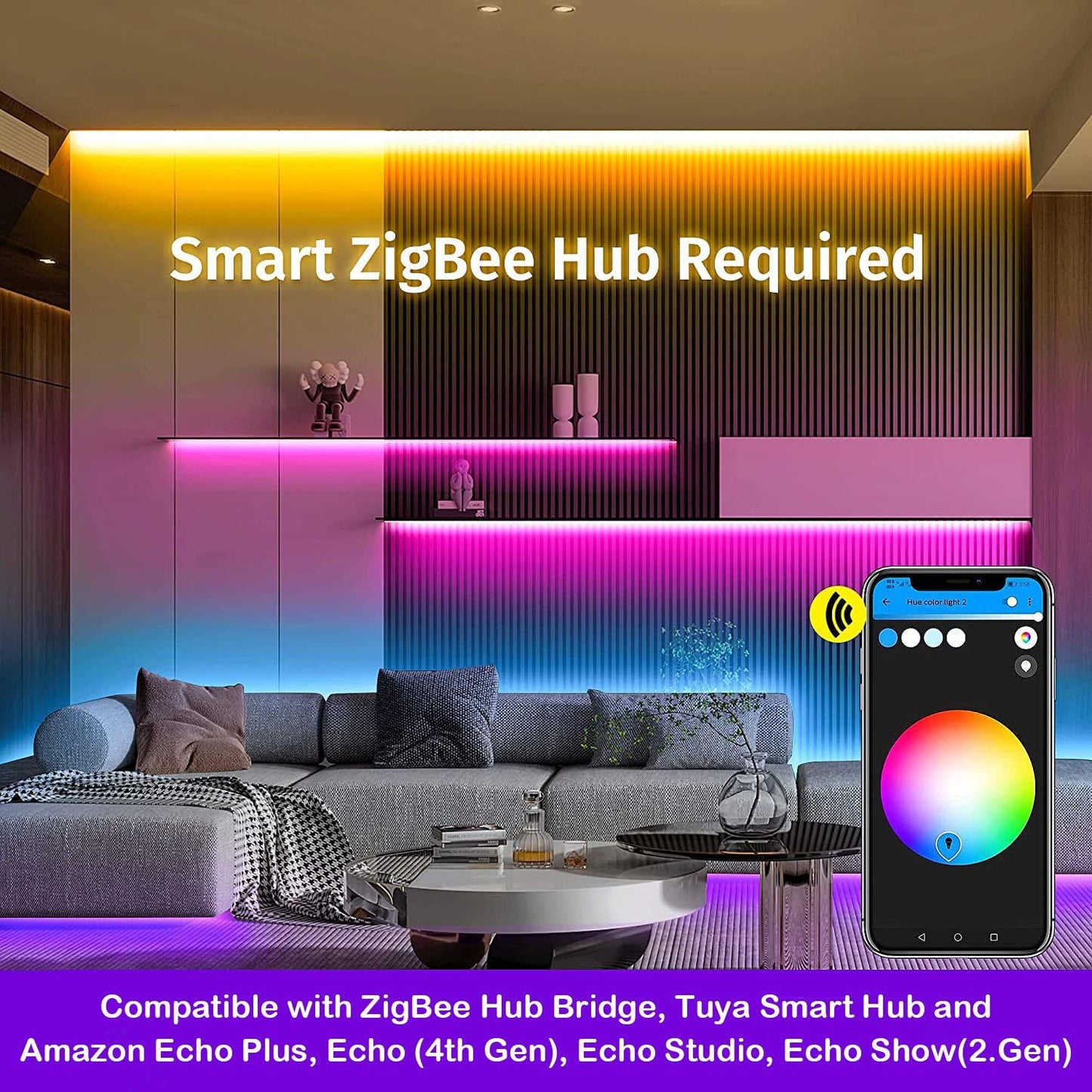 GIDERWEL 32.8ft ZigBee RGBW LED Strip Lights Smart Dimmable Kit with ZigBee 3.0 Controller,Work with Hub Bridge Echo Plus for APP/Alexa Voice Control RGB Warm White RGBWW LightStrip Ambiance Lighting