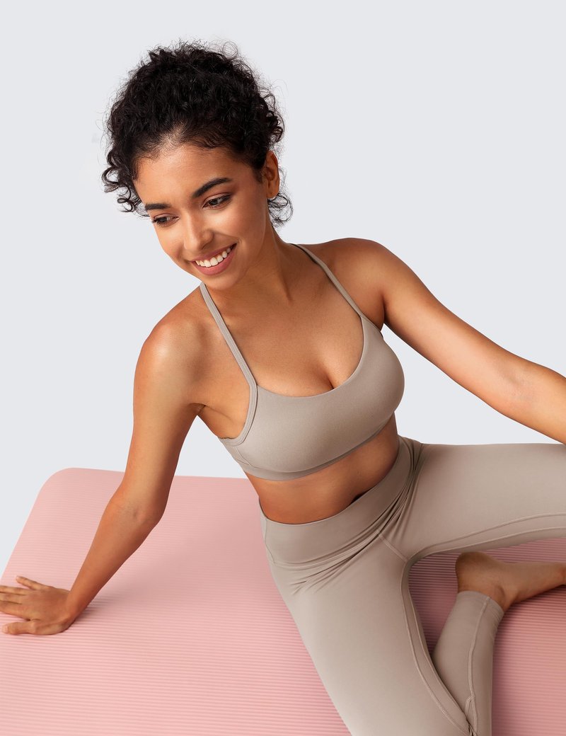 BAYDI Clouduxi Y Back Sports Bras for Women- Low Impact Padded Racerback Spaghetti Strap Womens Workout Yoga Gym Tops Pale Khaki