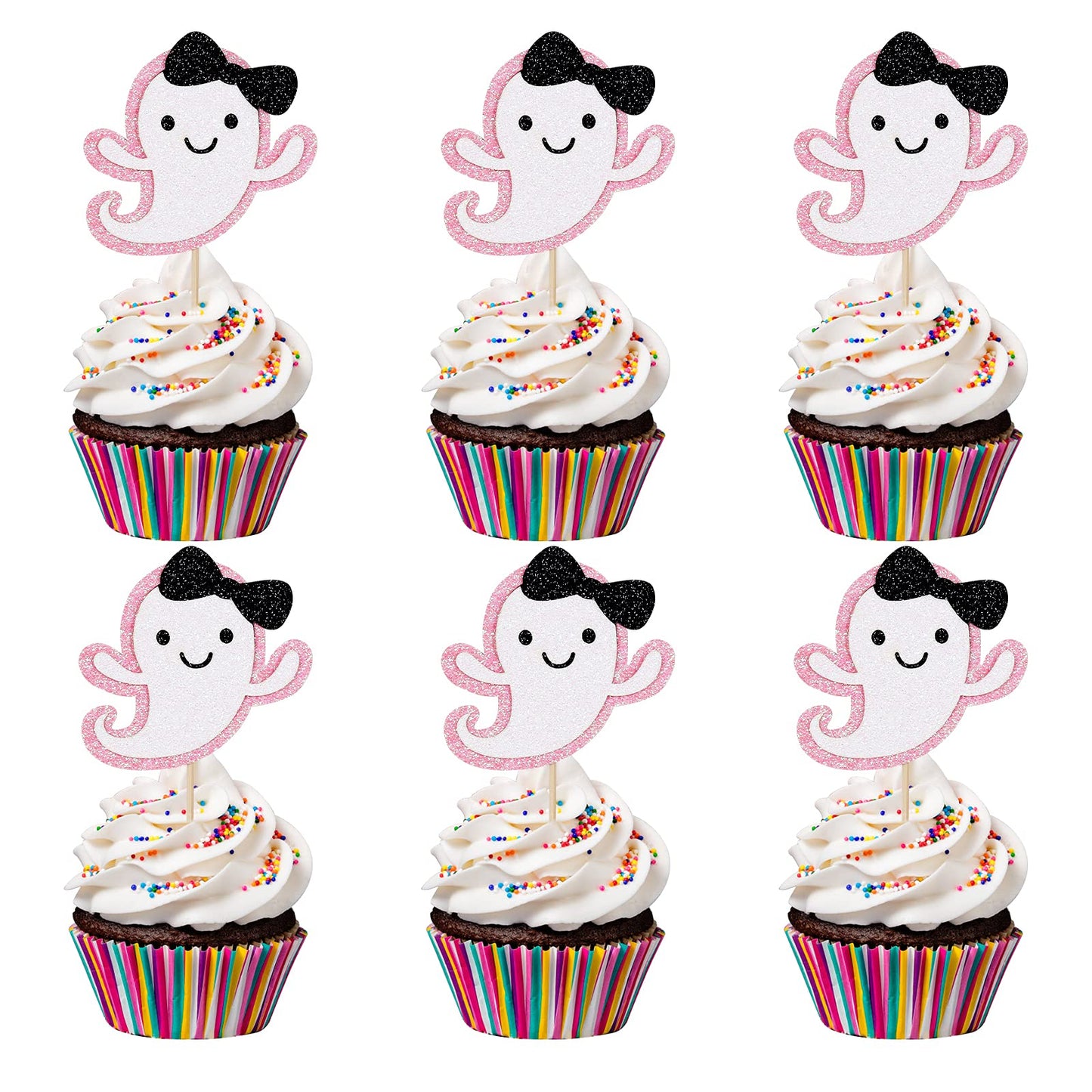 Ghost Cupcake Toppers Pink Glitter, Halloween Ghost Birthday Baby Shower Cupcake Toppers Ghost Food Cupcake Picks for Pink Halloween Baby Shower Birthday Party Cake Supplies - 24Pcs