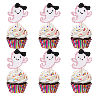 Ghost Cupcake Toppers Pink Glitter, Halloween Ghost Birthday Baby Shower Cupcake Toppers Ghost Food Cupcake Picks for Pink Halloween Baby Shower Birthday Party Cake Supplies - 24Pcs