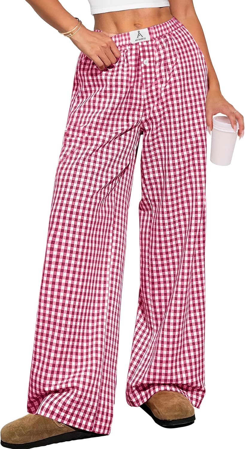 ANRABESS Womens Striped Gingham Pants 2025 Pajama Lounge Boxer Pants Cute Comfy PJ Bottoms with Pockets Y2K Plaid Outfits