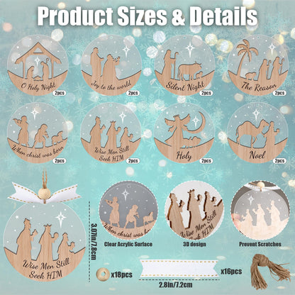 GuassLee 16pcs Nativity Christmas Ornaments - 3D Wooden Acrylic Cut File Nativity Scene Christmas Crafts Ornaments for Kids Tree Indoor Decorations