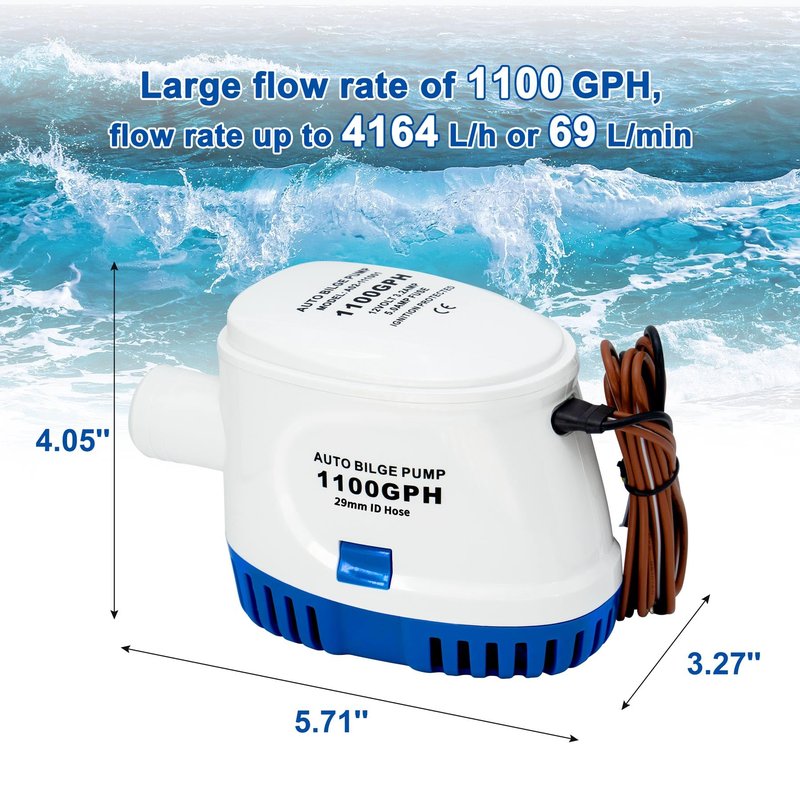 Sanuke 1100GPH Automatic Bilge Pump 12V, Submersible Auto Water Pump with Built-in Float Switch, 29mm (1-1/8") Outlet, Marine Bilge Pump for Boats, Ponds, Pools, Caravan RV