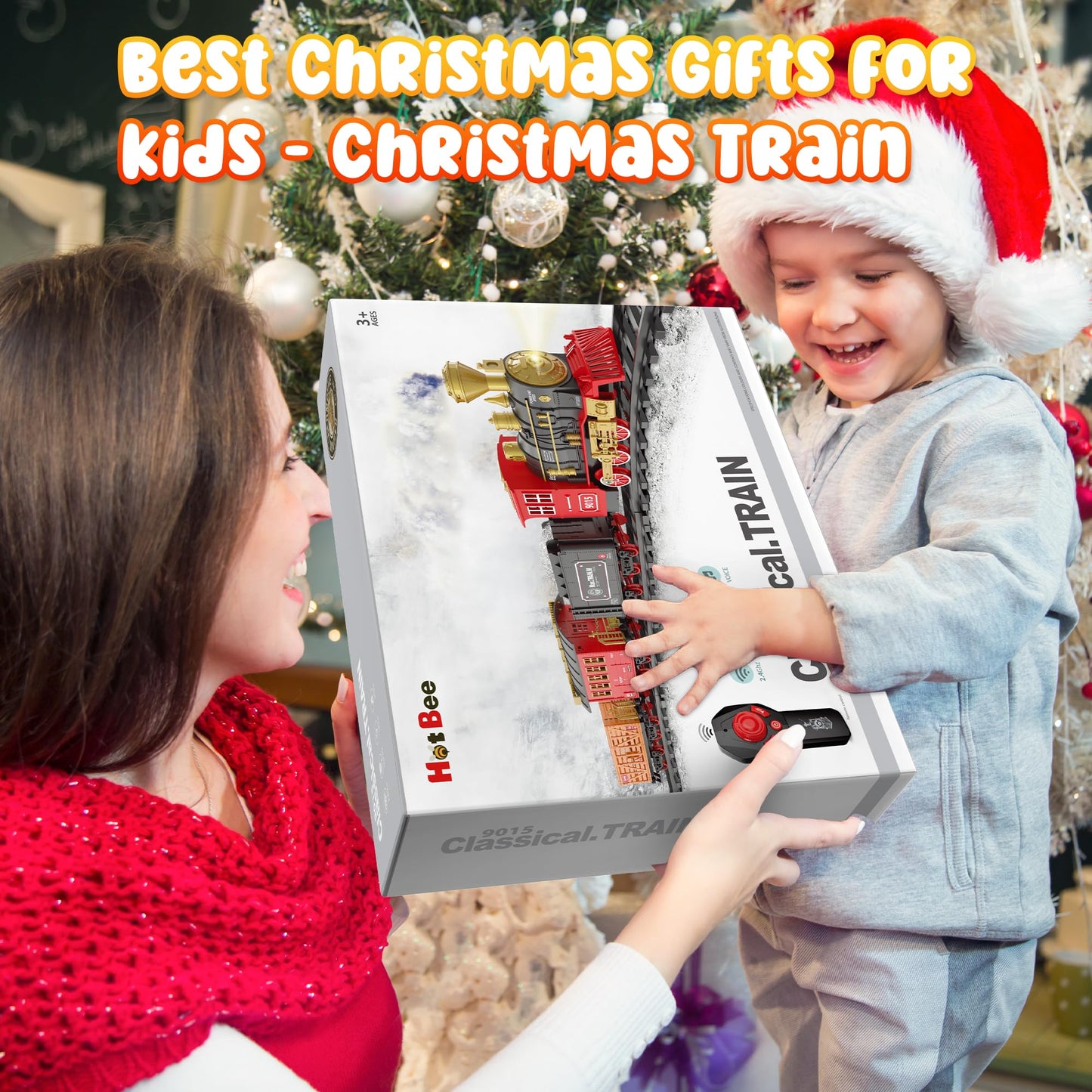 Hot Bee Christmas Tree Train Set with Remote Control and Luxury Track, Electric Train Set for Kids Adults, Train for Around the Christmas Tree, Steam Train Toy with Smoke