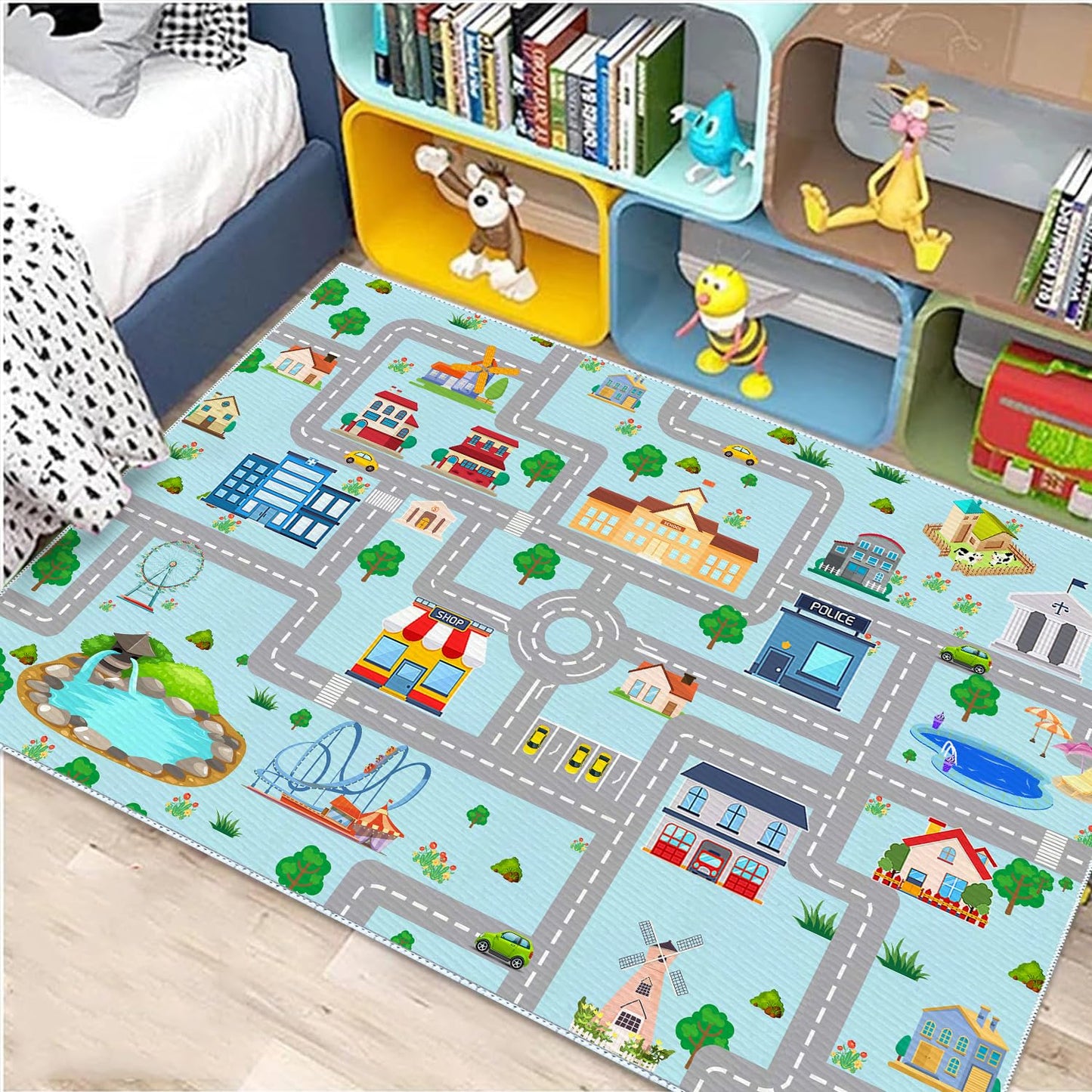 DoRlPIeY Kids Car Rug, 2' 7" x 4' City Life Road Traffic Game Carpet for Race Cars & Toys, Fun Non-Slip Race Track Educational Floor Area Playmat for Toddler Boys Bedroom Playroom Classroom Blue