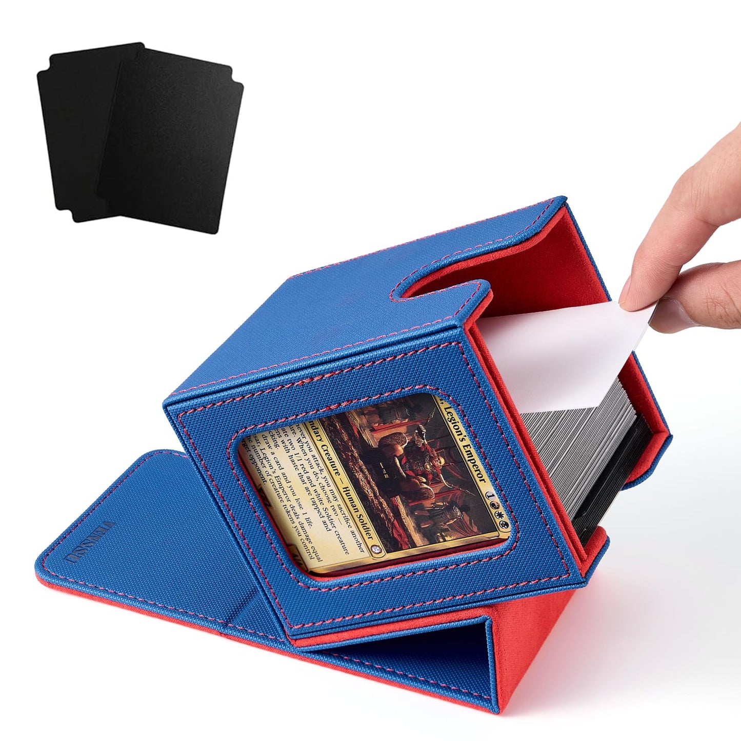 Venssu MTG Deck Box for Commander Display,Card Deck Boxes Fits 100 Double Sleeved Cards, TCG Card Storage Box (Blue and Red, 1 window)