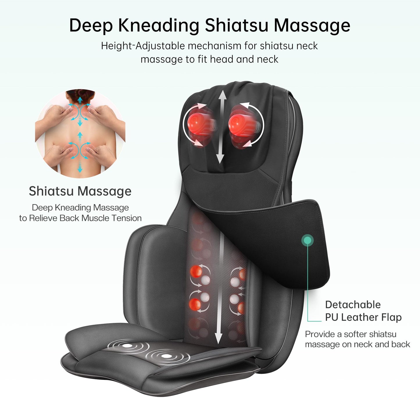 Snailax Shiatsu Neck Back Massager with Heat, Massage Chair Pad with Compression, Height-Adjustable Neck Massage Rollers Chair Seat Massager, Gifts for Men, Women