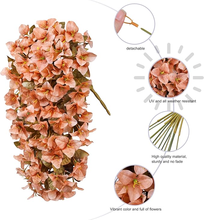HyeFlora Bougainvillea Artificial Hanging Flowers Plants for Outdoors Winter Decoration, 2pcs Faux Bougainvillea Vines Brown Fake Flowers Realistic UV Resistant Silk Flowers for Outside Planter Yard
