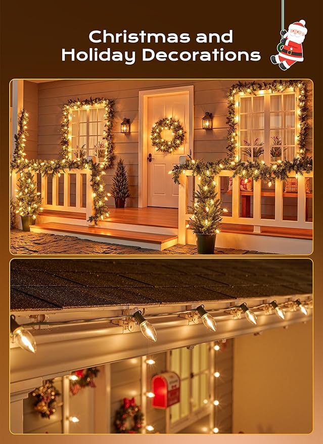 C9 Christmas Lights Outdoor, 150 FT 150 LED Vintage Warm White C9 String Lights Connectable for Christmas Tree Roofline Patio Garden Backyard Holiday Party Indoor Outdoor Decoration, Green Wire