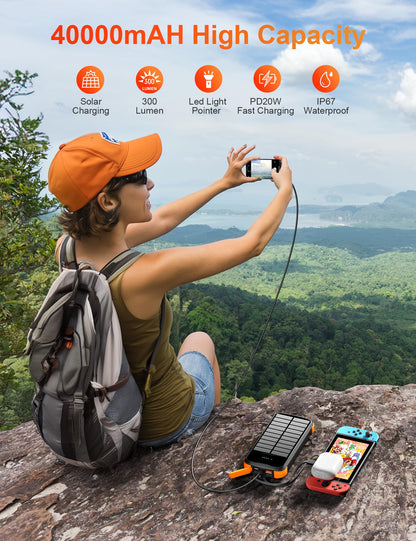 Solar Charger Power Bank, 40000mAh Portable Charger PD 20W Fast Charging Solar Power Bank Built in 4 Cables and USB-C in/Output, Camping Essentials External Battery Pack with Flashlights