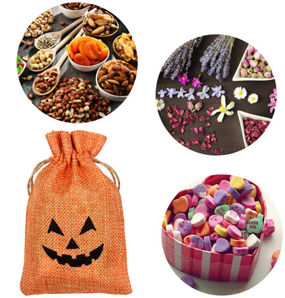 DECORA Halloween Burlap Gift Bags with Double Jute Drawstrings Candy Pouch Halloween Treat Bags with Different Designs Pack of 50