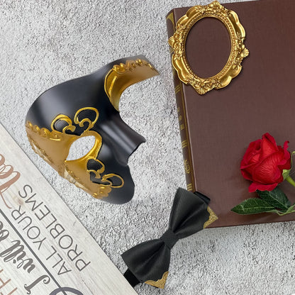 HyperFun Mens Masquerade Mask Phantom of The Opera Half Face Mask with Bowtie, Vintage Venetian Masks for Halloween Costume Party (Black Poets)