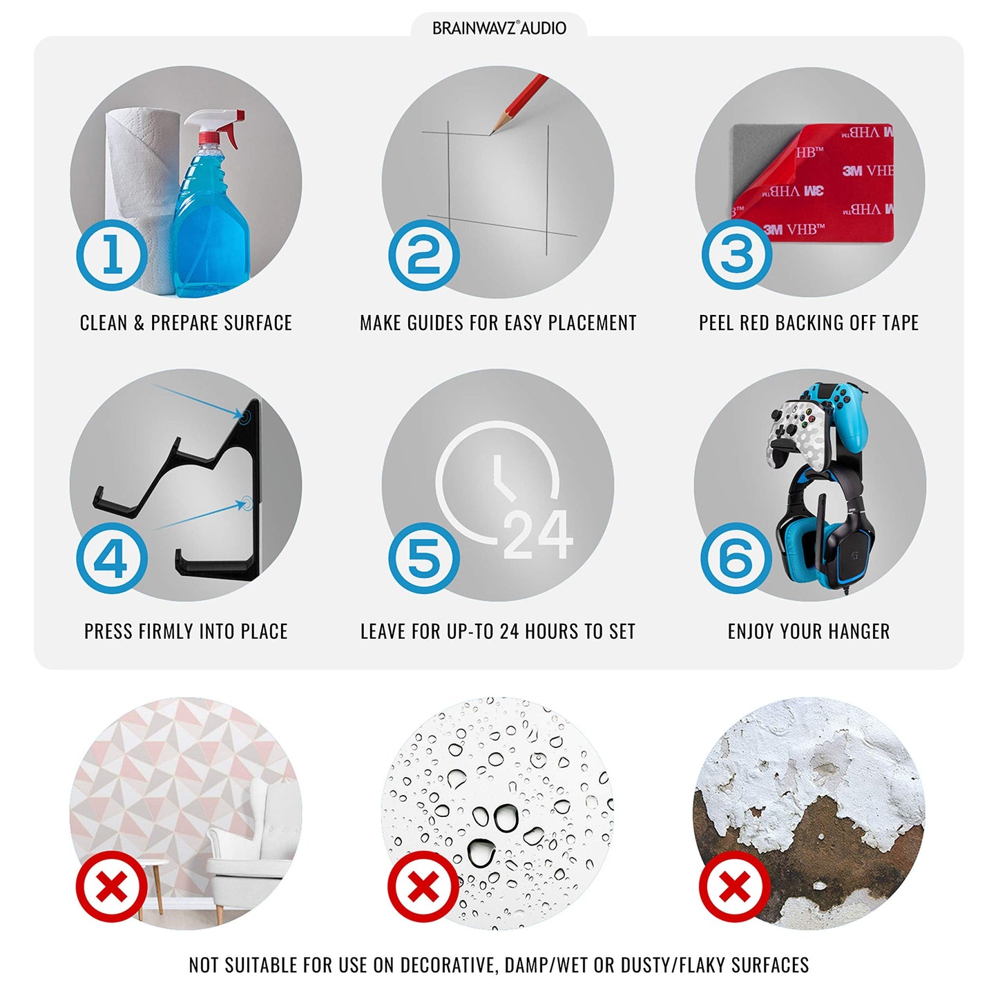 BRAINWAVZ The UberAtlas Dual Game Controller & Headphone Stand Wall Mount Holder for Xbox ONE, Series X, PS5, PS4, PS3, Switch, STEELSERIES Gamepad & More, Stay Organized No Screws