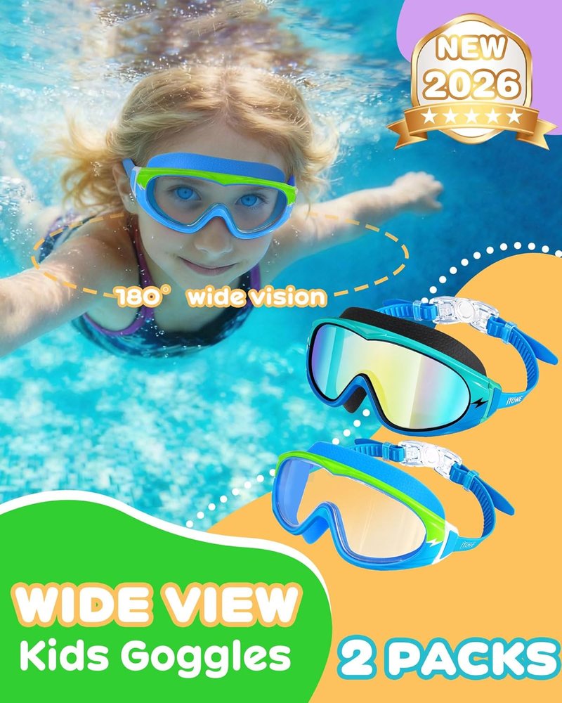 Wide View Swimming Goggles for Kids - Anti-Fog & UV Protection | 2 Pack, No Leak Design, Ages 5-15