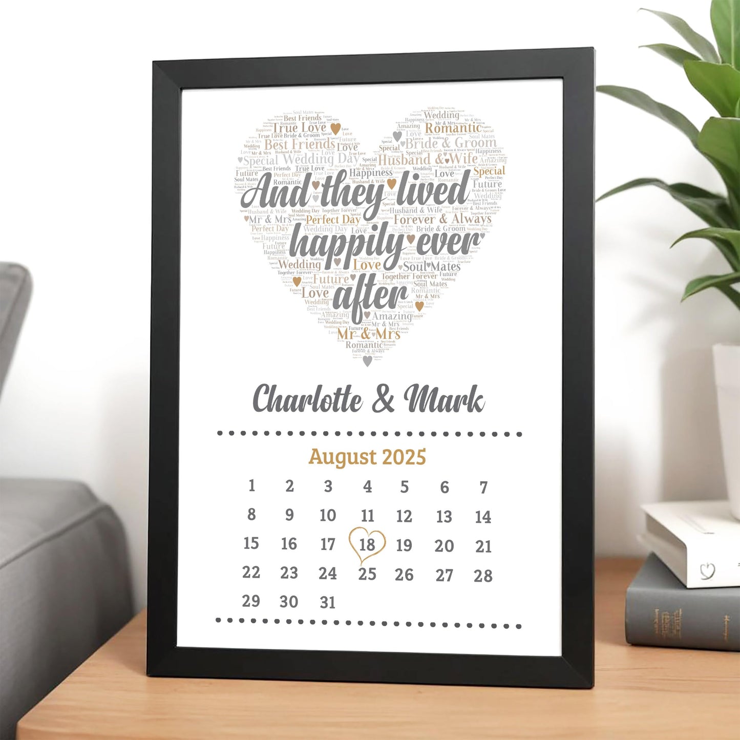 Beecreative Personalised Wedding Gifts for Bride & Groom - Custom Calendar Print with Names and Date of Wedding - Personalised 'And They Lived Happily Ever' Wedding Present Keepsake