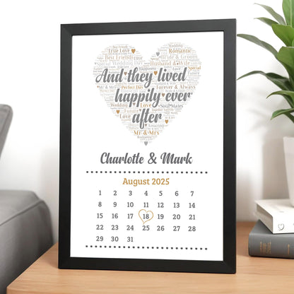 Beecreative Personalised Wedding Gifts for Bride & Groom - Custom Calendar Print with Names and Date of Wedding - Personalised 'And They Lived Happily Ever' Wedding Present Keepsake
