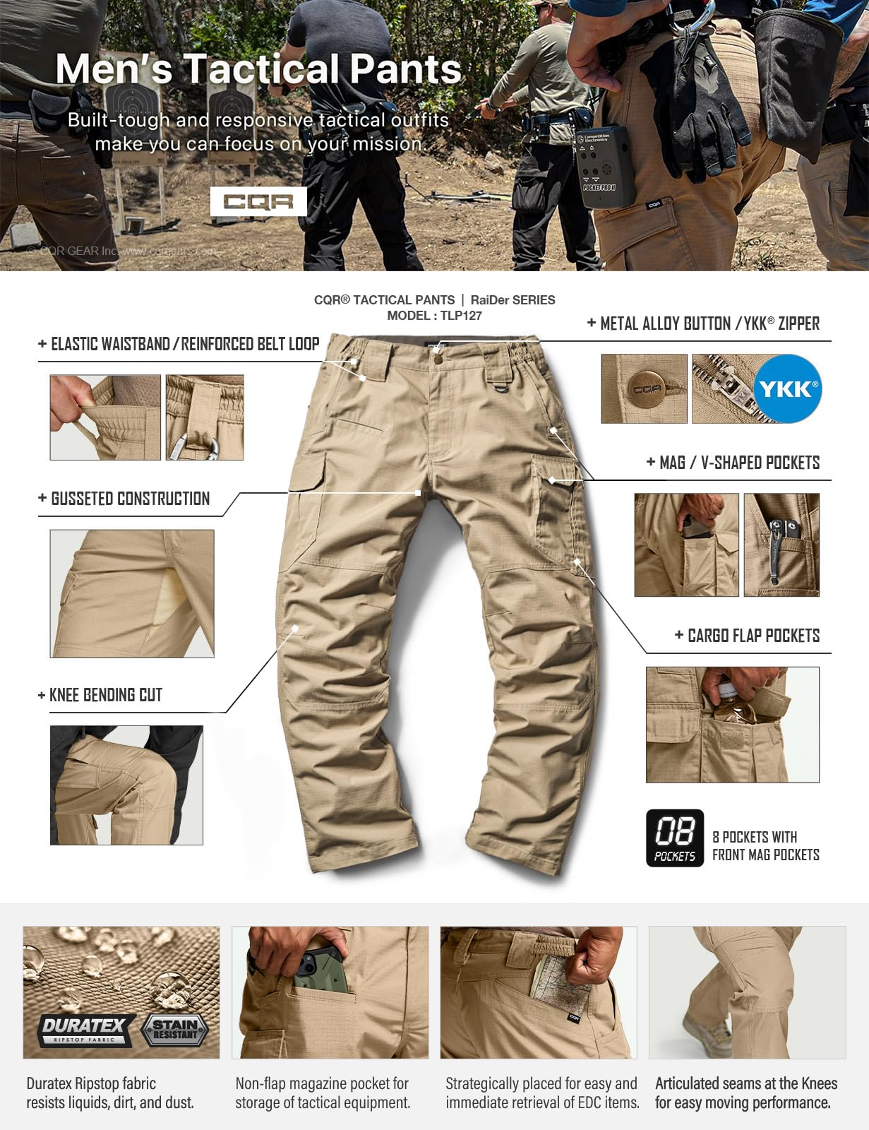 CQR Men's Tactical Pants, Water Resistant Ripstop Cargo Pants, Lightweight EDC Work Hiking Pants, Outdoor Apparel, Raider Mag Pocket Khaki, 36W x 34L