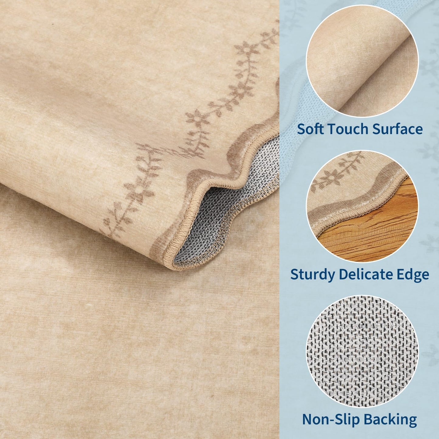 GarveeHome Round Area Rugs 4ft for Kids Room, Solid Jute Scalloped Washable Circle Rug Soft Non Slip Floral Print Floor Mat Tan Carpet Indoor Thin Tent Rug for Bedroom Dining Room Playroom Nursery