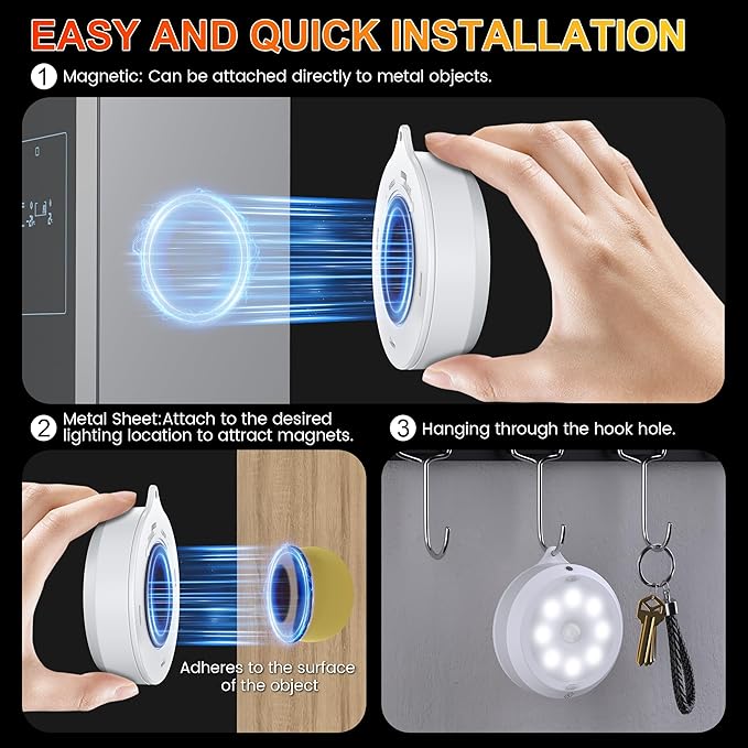 YiaMia Indoor Motion Sensor Night Light - 3 Pack, Smart Under Cabinet Lighting, 3 × AA Battery Operated Wireless Stair Light, Dimmable Puck Lights Suitable for Kitchens, Wardrobes, Hallway