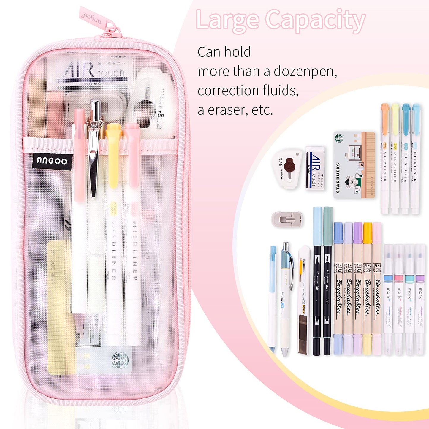 EASTHILL Grid Mesh Pen Pencil Case with Zipper Clear Makeup Color Pouch Cosmetics Bag Multi-Purpose Travel School Teen Girls and Boys Transparent Stationary Bag Office Organizer Box for Adluts(Pink)