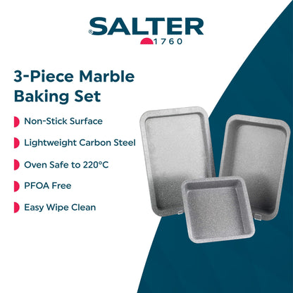 Salter Marblestone 3-Piece Baking Set - Non-Stick Oven Trays, Lightweight Carbon Steel, Easy Wipe Clean, Includes a 36cm Roaster, 37cm Baking Tray, 23cm Square Tray, Oven Safe to 220°C, PFOA Free
