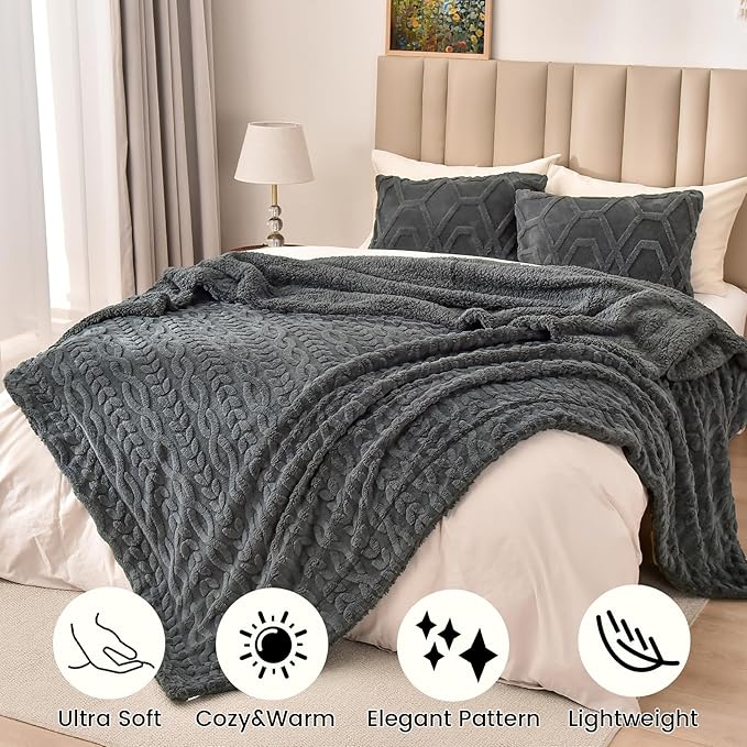 PHF Fluffy Sherpa Blanket Queen Size for Winter, Warm and Soft, 510GSM 3D Jacquard Thick Shaggy Fleece Plush Blanket for Sofa Bed, Dark Grey, 90"x90"
