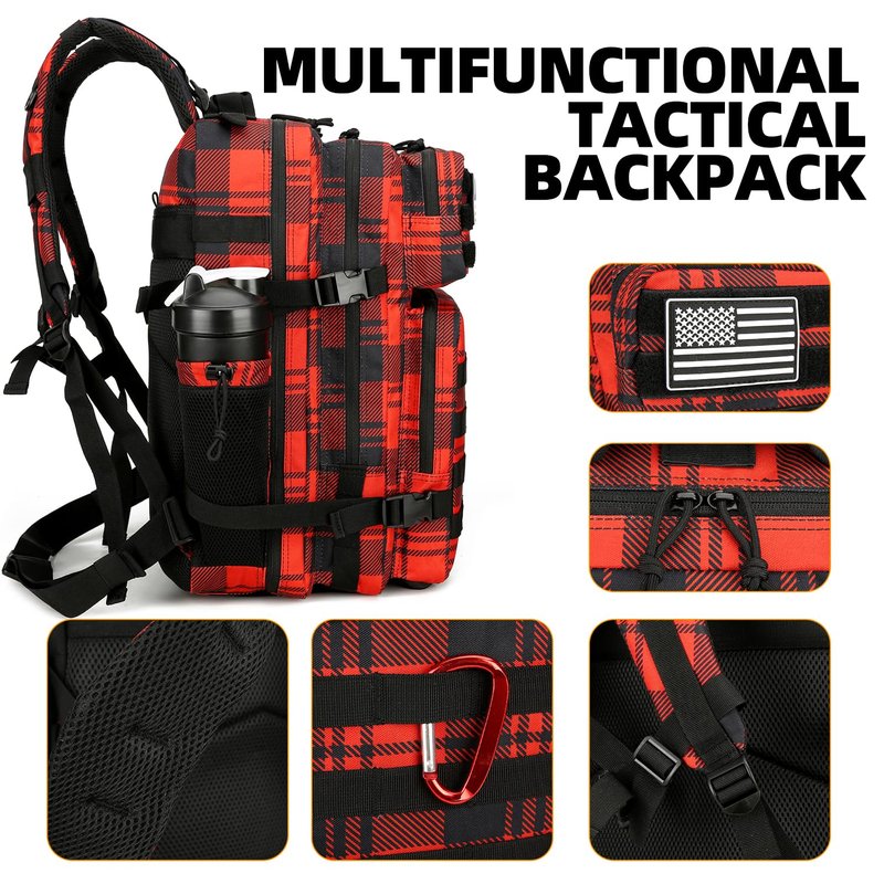 Lovelinks21 25L Tactical Backpack for Men and Women Military Backpack Small Assault Pack Molle Backpack Bug Out Bag Travel Rucksack Daypack (Red Plaid)