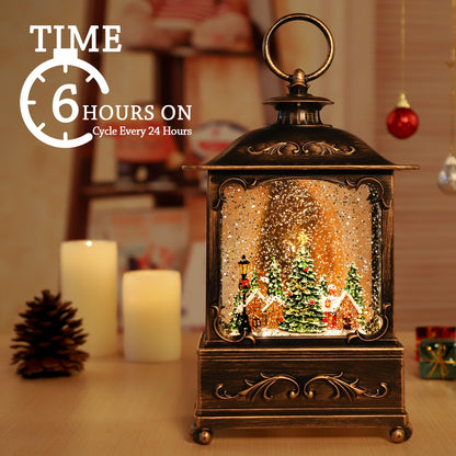 Christmas Village Snow Globe Lantern,Christmas Decorations Indoor Water Lantern Swirling Glittering with Music & Timer, USB/Battery Operated Lighted Lanterns for Home Decor Gifts (Forest House)