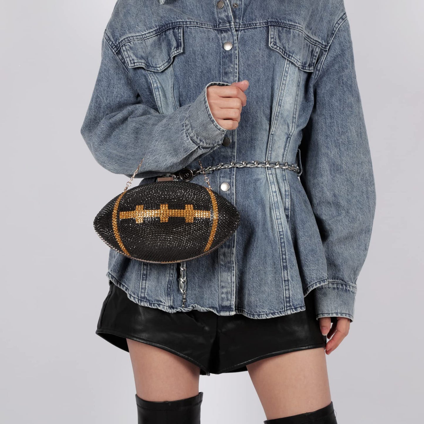 Gripit Bling Rhinestone Football Shaped Rugby Quirky Bag Purse Novlety Chain Purse Shoulder Handbag with Crystal for Women Girls,Black