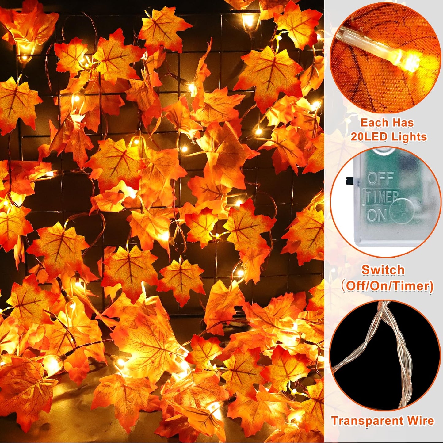 Timer&3 Pack-30Ft Fall Garland Halloween Fall Decorations for Home, 60LED Thanksgiving Lights Patented Realistic Maples Leaf Garland Battery Operated Waterproof Indoor Outdoor Autumn Holiday Christmas