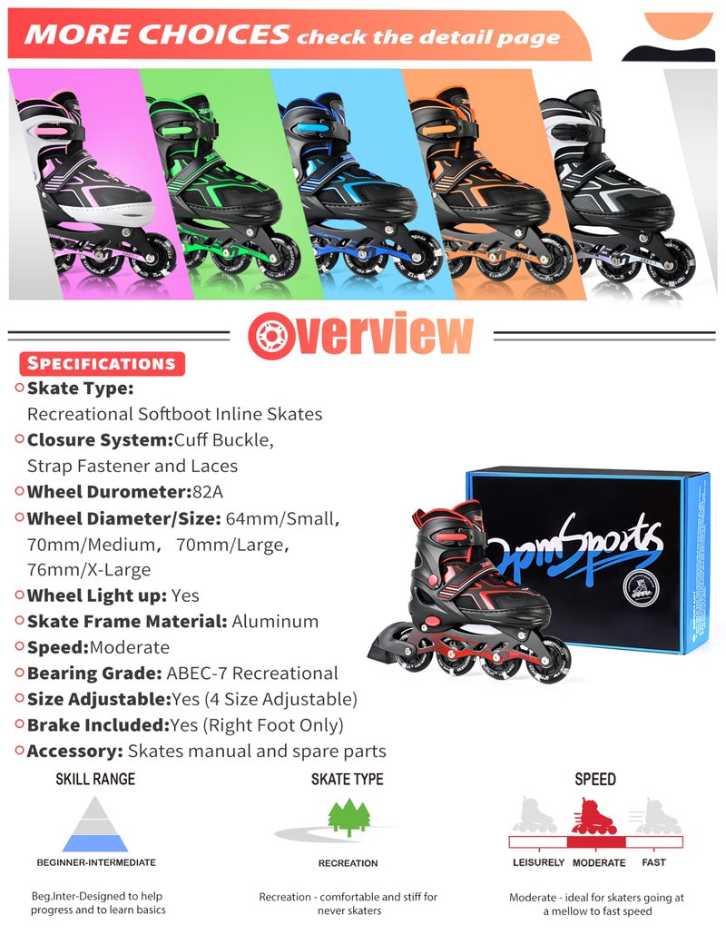 2PM SPORTS Inline Skates for Boys Kids Girls Ages 5-8 8-12 4-6 6-12 with Light Up Wheels, Adjustable Kids Roller Skates Blades for Adults Women Female Beginners Youths Red, Medium - Big Kid (1-4 US)