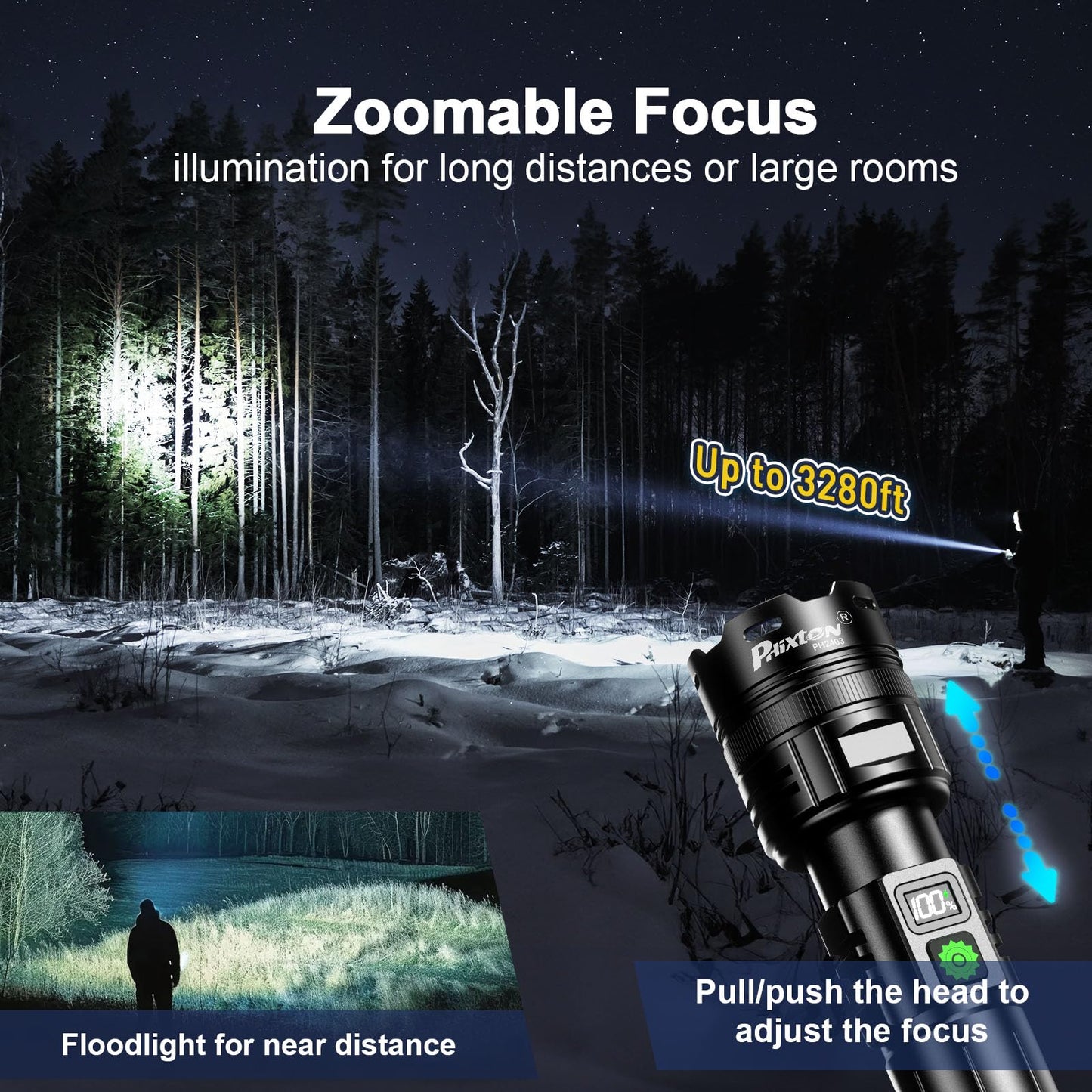 PHIXTON Rechargeable Torch LED Super Bright 1000000 Lumens Single One Mode, Long Distance 1000 Meters Powerful Flashlight Zoomable, Long Lasting 10H Strong Touch, USB C Input Output & Digital Display